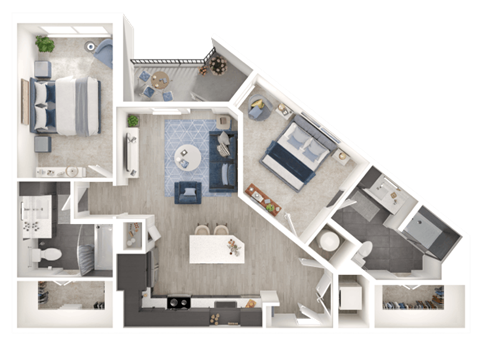 Floor plan for 2 beds, 2 baths, 940 sqft